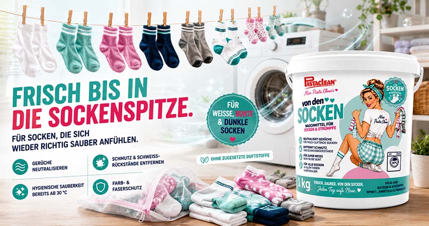 Pastaclean Waschmittel für weiße, bunte und dunkle Socken, neutralisiert Gerüche, entfernt Schmutz und Schweißrückstände, schützt Farben und Fasern, geeignet ab 30 Grad, ohne zugesetzte Duftstoffe.