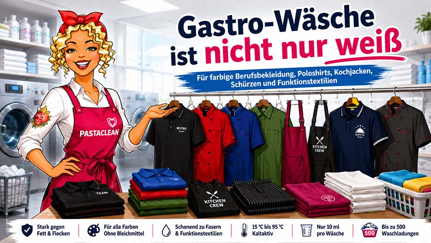 Pastaclean Waschmittel für farbige Berufskleidung, Poloshirts, Kochjacken, Schürzen und Funktionstextilien, stark gegen Fett und Flecken, schonend zu Fasern, bis zu 500 Waschgänge pro Liter.