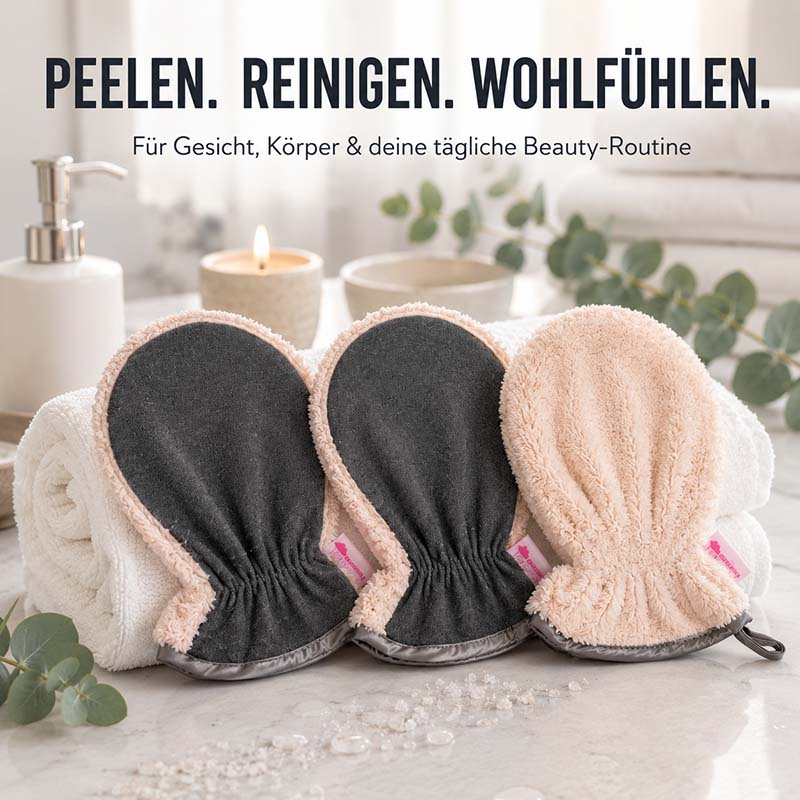 Peelinghandschuh und Waschhandschuh 3er Set, ideal für Gesicht, Körper und Dusche, auch zur Make-up Entfernung, für eine tägliche Beauty-Routine.