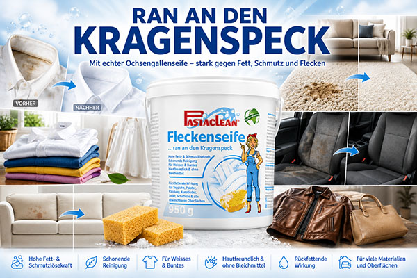 Pastaclean Fleckenseife 950g, ideal gegen Kragenspeck, Fett, Schmutz, Flecken. Für Weißes, Buntes, Teppiche, Autositze, Ledertaschen. Hohe Fettlösekraft, rückfettende, hautfreundliche Wirkung, ohne Bleiche, schonende Reinigung.