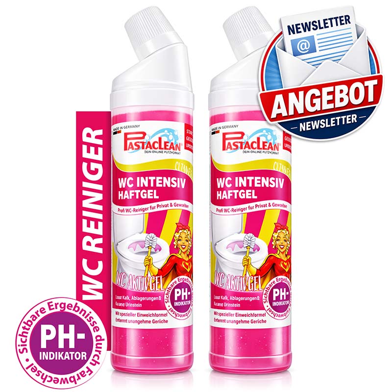 Pastaclean WC Reiniger stark gegen Urinstein und Kalk, 2x 750 ml WC Intensiv Haftgel mit Farbwechsel-Aktiv-Formel für private und gewerbliche Nutzung.