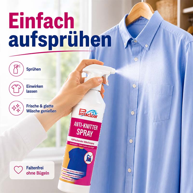 Anti-Knitterspray 500 ml, entfernt Falten, Knitter auf Textilien, Antifaltenspray, Bügelhilfe, einfach aufsprühen, Frische, glatte Wäsche, faltenfrei ohne Bügeln, aufrichtendes Wäschespray, Pastaclean, Textilauffrischung, Kleidungsaufbereitung.