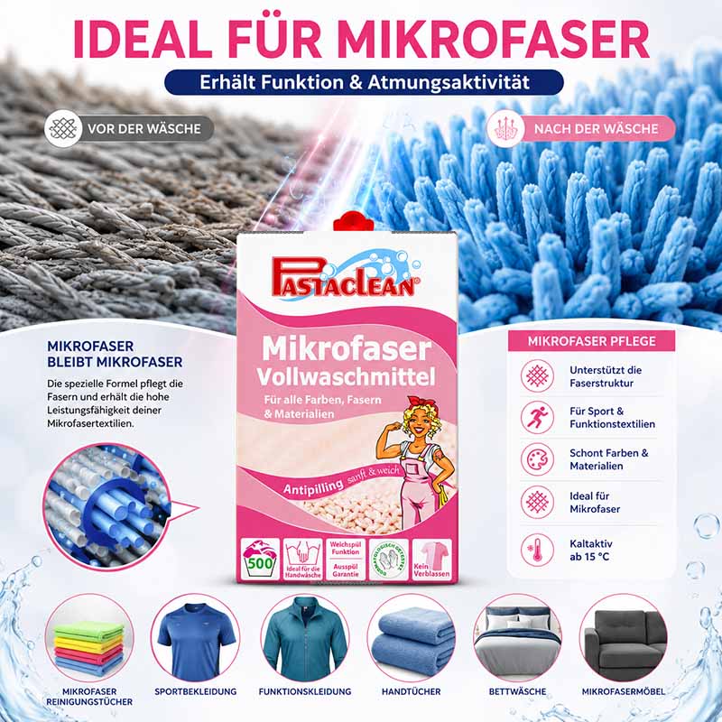 Pastaclean Mikrofaser Waschmittel, Antipilling, 5Liter, 500 Waschladungen, Vollwaschmittel für Mikrofaser, schont Farben und Materialien, ideal für Sportkleidung, Funktionstextilien, Handtücher, Bettwäsche, Mikrofaserreinigung, Faserpflege, Kalkaktiv ab 1