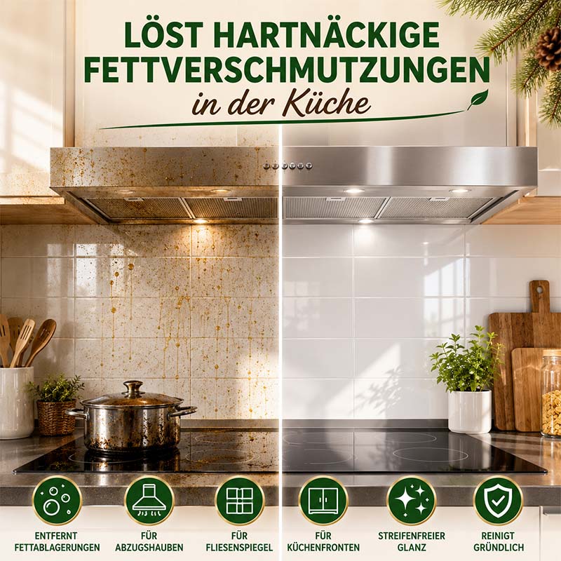 Pinienölreiniger Konzentrat, Allzweckreiniger 1000ml, entfernt Fettablagerungen, für Abzugshauben, Fliesenspiegel, Küchenfronten, streifenfreier Glanz, reinigt gründlich, Küche, hartnäckige Fettverschmutzungen, Zubehör, Effekt vorher-nachher