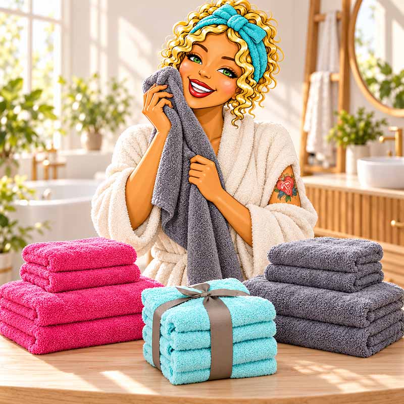 Miss Pastaclean hält ein weiches graues Handtuch an ihre Wange