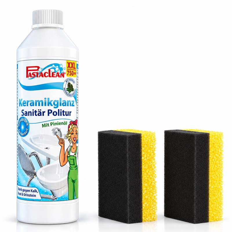 Pastaclean Keramikglanz Sanitärpolitur mit Pinienöl, 750 ml, zur Reinigung von Keramikoberflächen im Bad, effektiv gegen Kalk und Ablagerungen, inkl. Reinigungsschwämme für gründliche Pflege.