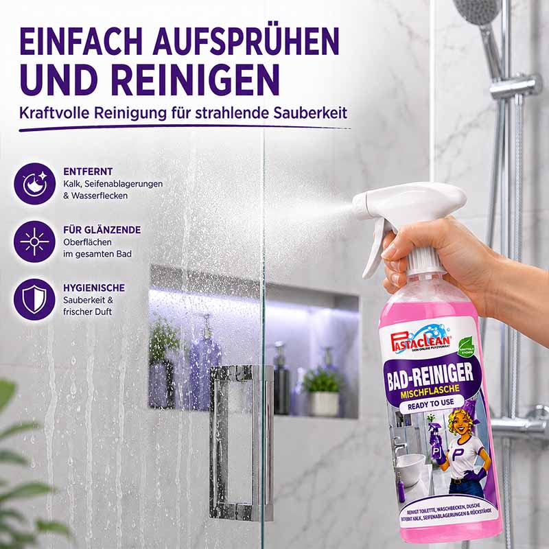 Badreiniger Konzentrat 1 Liter, Kalkreiniger für Dusche, Waschbecken, Toilette. Entfernt Kalk, Seifenablagerungen, Wasserflecken; für glänzende Oberflächen; hygienische Sauberkeit und frischer Duft. Ideal für Badreinigung.