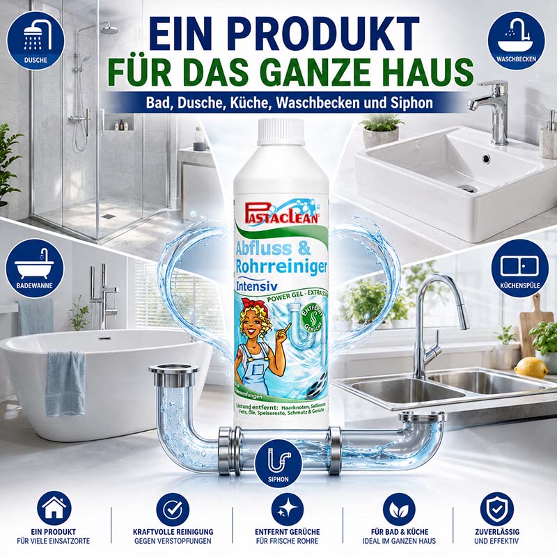 Pastaclean Intensiv Abfluss- und Rohrreiniger, 2x 750ml, zur kraftvollen Entfernung von Verstopfungen und Gerüchen in Bad, Dusche, Küche, Waschbecken und Siphon, geeignet für das ganze Haus