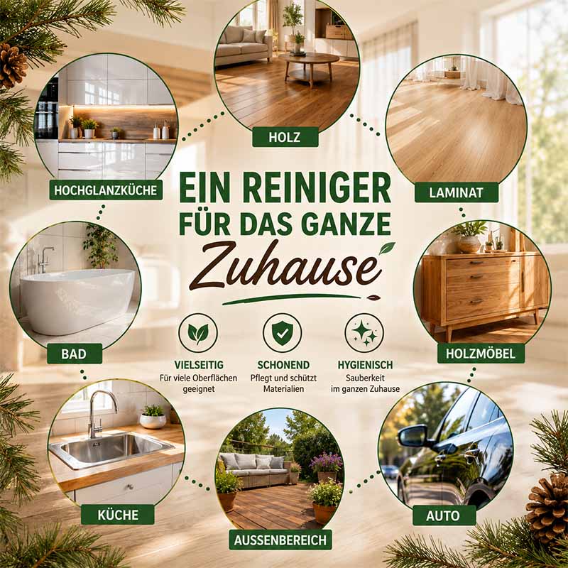 Pinienölreiniger Konzentrat, Allzweckreiniger 1000ml, geeignet für Hochglanzküche, Bad, Küche, Holz, Laminat, Holzmöbel, Außenbereich, Auto. Vielseitig, schonend, hygienisch. Ideal für zahlreiche Oberflächen und Materialien.