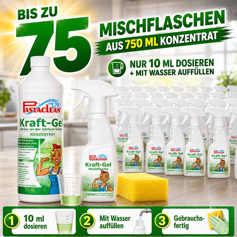 Pastaclean Kraft-Gel Universalreiniger Konzentrat zur Reinigung von Oberflächen, Fett, Schmutz; 750ml Flasche, geeignet für bis zu 75 Mischanwendungen durch Verdünnung in Wasser, ideal für den Haushalt.