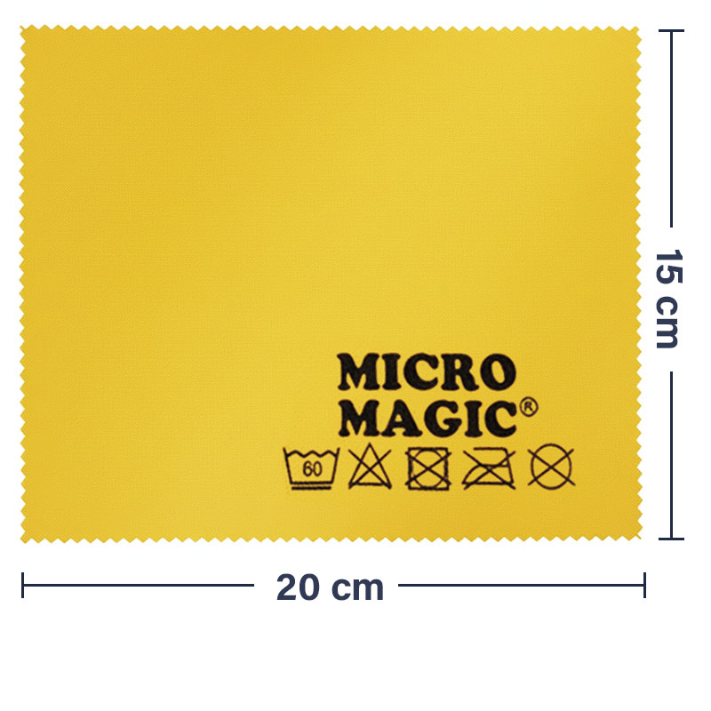 Gelbes Brillenputztuch, Mikrofasertuch 20x15 cm, 5-teilig, für Brillenreinigung, Micro Magic Logo, waschbar bei 60 Grad, Reinigungstuch für empfindliche Oberflächen, randloses Design, Pflegehinweise sichtbar.