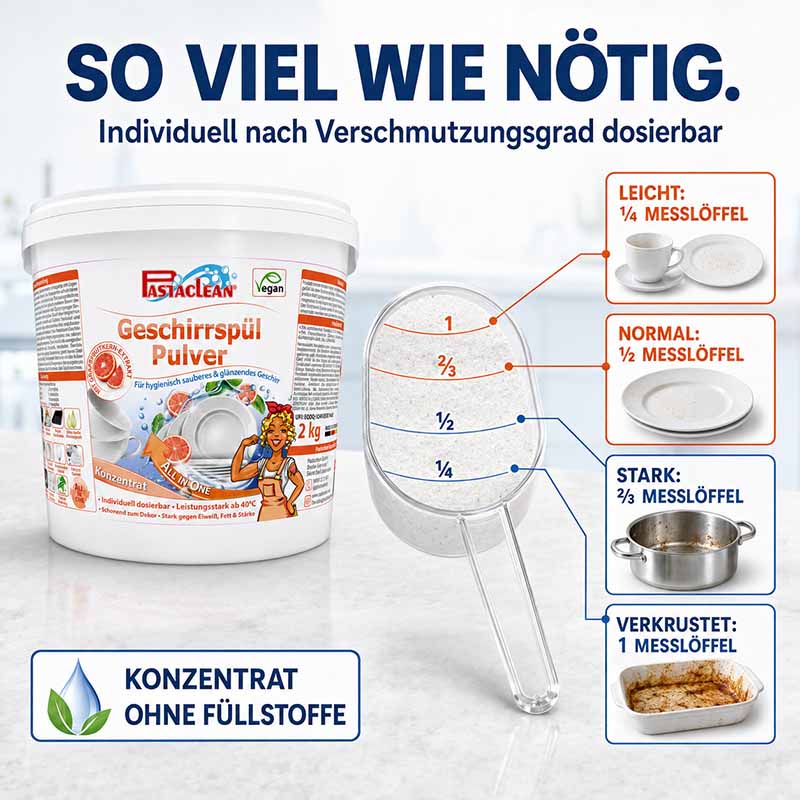 Pastaclean Geschirrspülpulver 2 kg für Spülmaschine, vegan, hochwirksames Reinigungsmittel zur Entfernung von Verschmutzungen in Spülmaschinen, individuell dosierbar nach Verschmutzungsgrad, ohne Füllstoffe.