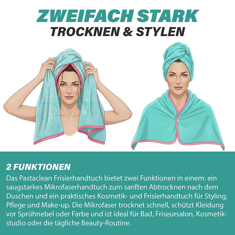 Pastaclean Kosmetik- und Frisierhandtücher im 2er-Set aus Mikrofaser in Türkis, ideal zum Trocknen der Haare und Stylen, schnelltrocknend und Oeko-Tex zertifiziert.