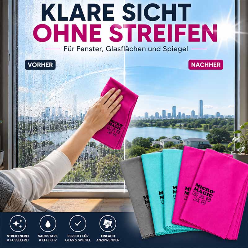 Micro Magic Glas- & Poliertücher, 5tlg, bunt für streifenfreie Reinigung von Fenstern, Glasflächen und Spiegeln, saugstark, fusselfrei, ideal für Haushalt und Bad, einfache Anwendung, effektives Putzzubehör