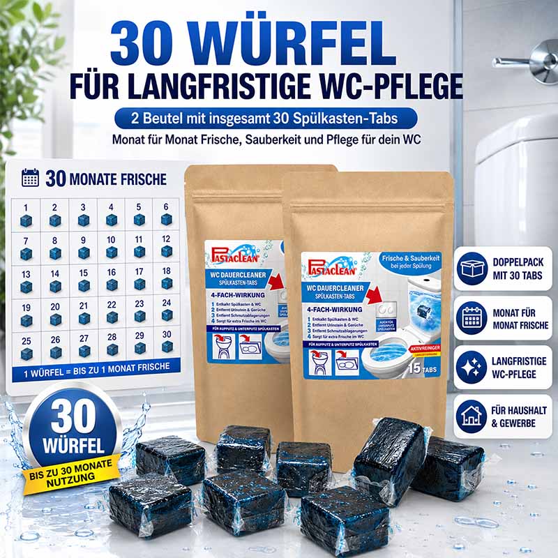 Spülkasten Tabs, Wasserkastenwürfel, Aktivreiniger 30 Stück, langfristige WC-Pflege, Frische und Sauberkeit, Doppelpack, monatliche Nutzung, 4-fach-Wirkung, für Haushalt und Gewerbe.