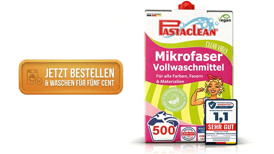 Pastaclean Mikrofaservollwaschmittel, vegan, für alle Farben, Fasern und Materialien. Verpackung mit 500 Waschladungen. Testergebnis "Sehr gut" von Warentest. Jetzt bestellen und waschen für fünf Cent. Pflegeleichtes Waschmittel.