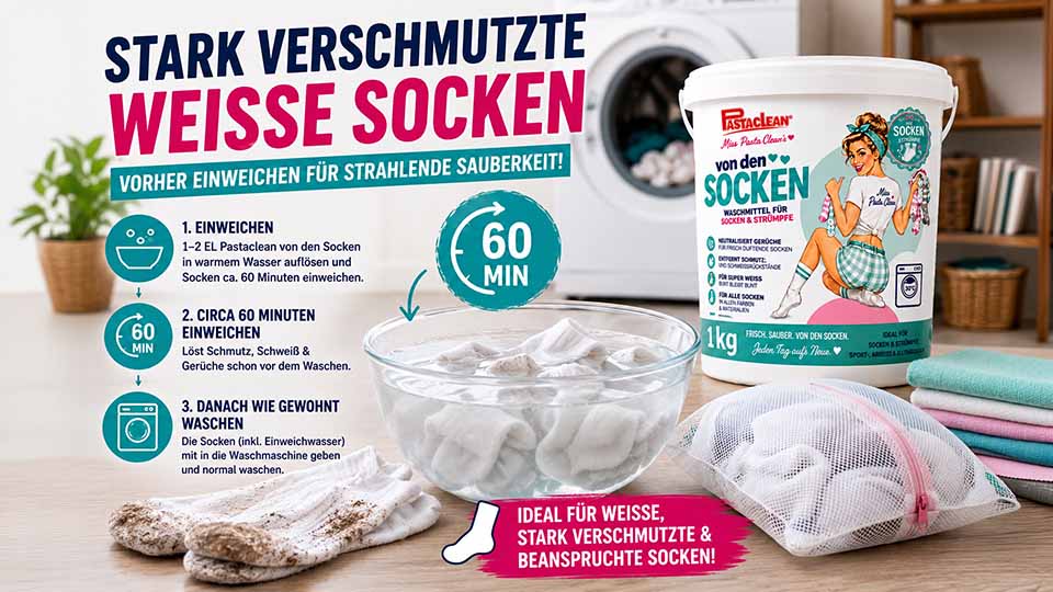 Weiße Socken richtig waschen: Stark verschmutzte Socken vor dem Waschen einweichen, damit Schmutz, Schweiß und Gerüche besser gelöst werden.