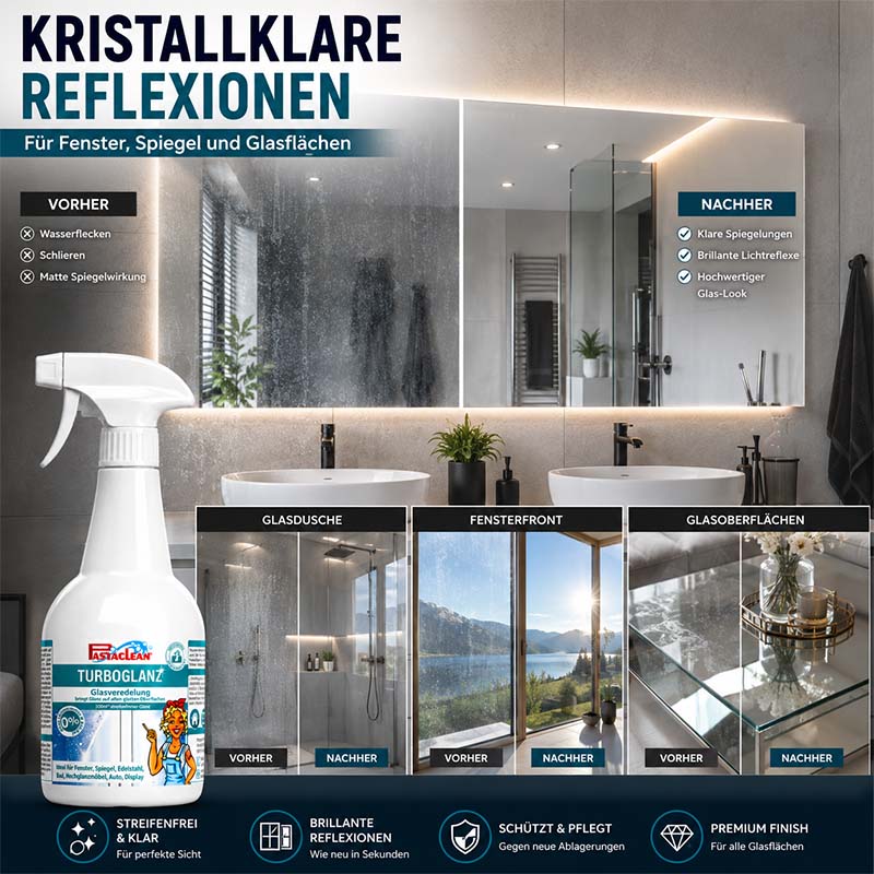 Pastaclean TurboGlanz Glasreiniger für Glas, Spiegel, Displays, Edelstahl, Lack und Hochglanzflächen, 750 ml, inklusive Poliertuch zur makellosen Reinigung und Veredelung für streifenfreie, brilliante Reflexionen.