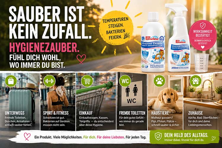 Frosch Hygiene Zauber Multi Desinfektion für unterwegs, Sport, Einkauf, fremde Toiletten, Haustiere und Zuhause; schützt Oberflächen vor Bakterien und bietet hygienische Sicherheit in allen Bereichen des Alltags.