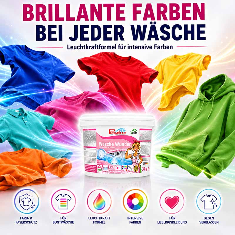 Wäsche Wunder Waschkraftverstärker, 3 Kg, für bunte Kleidung, intensive Farben, Leuchtkraftformel, Farb- und Faserschutz, gegen Verblassen, geeignet für Lieblingskleidung, Waschhilfe, Reinigung, Textilien, Farbschutz, Waschboost, Vegan, FastClean
