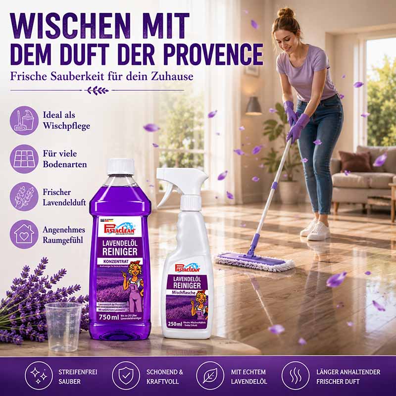 Lavendelöl Reiniger 750 ml, ideal als Wischpflege, für viele Bodenarten, frischer Lavendelduft, angenehmes Raumgefühl, streifenfrei sauber, schonend und kraftvoll, mit echtem Lavendelöl, länger anhaltender frischer Duft.
