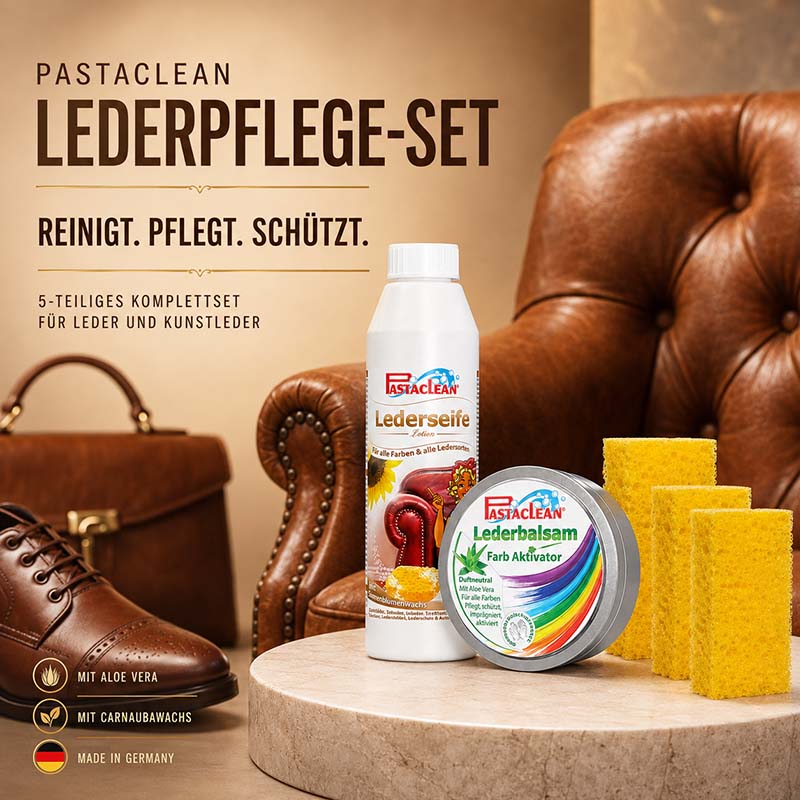 Pastaclean Lederpflege Set 5tlg für Reinigung, Pflege und Schutz von Leder und Kunstleder, mit Aloe Vera und Carnaubawachs, ideal für Schuhe, Taschen und Möbel, Made in Germany.