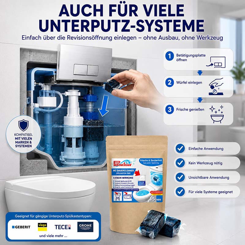 Spülkasten Tabs, Wasserkastenwürfel mit Aktivreiniger, 15 Stück, kompatibel mit vielen Unterputzsystemen, einfache Anwendung, frische Sauberkeit bei jeder Spülung, hochwertige Reinigung von Geberit, Viega, Tece, Grohe und mehr.