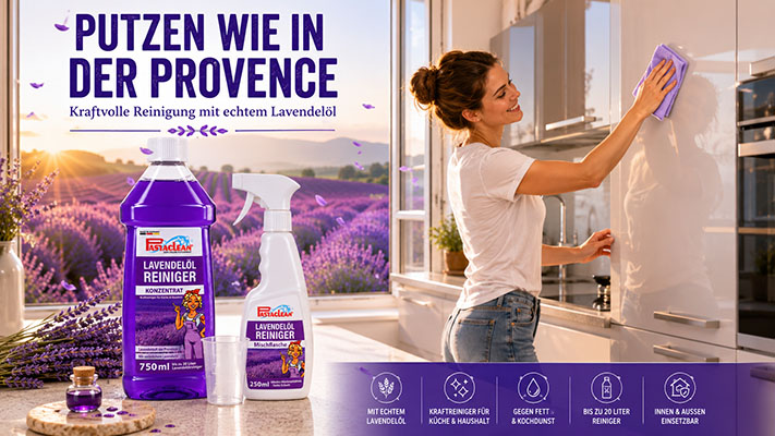 Lavendelöl Reiniger, kraftvolle Reinigung, Lavendelduft, Küchenreinigung, Haushaltsreiniger, Fettentfernung, Innenreinigung, Außenreinigung, Lavendelfeld Hintergrund, Lavendelöl Produkt, Reinigungskonzentrat, Sauberkeit, Frische, vielseitiger Reiniger.