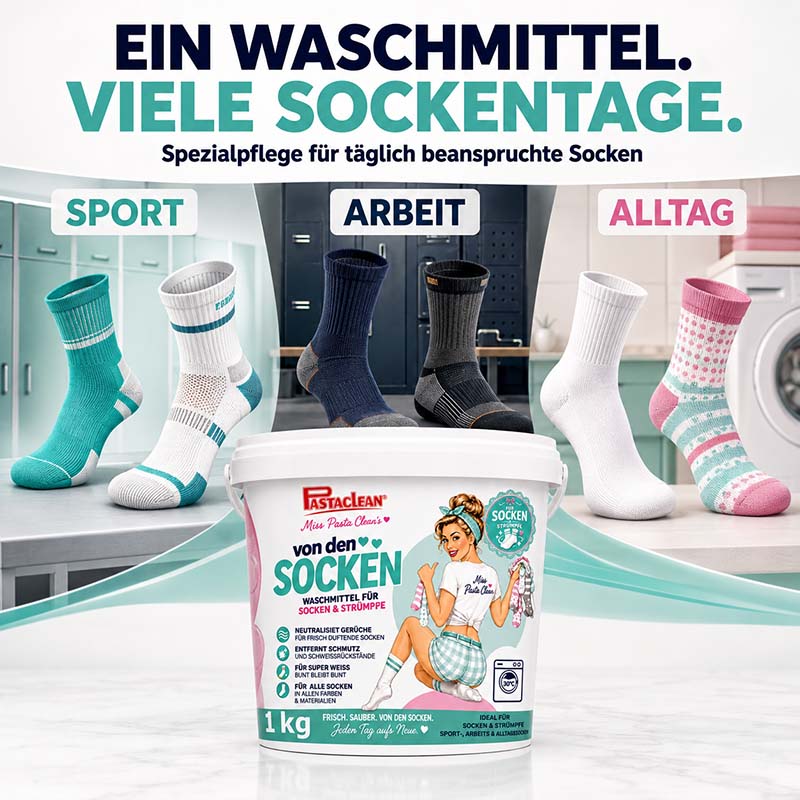 Pastaclean Waschmittel für Socken und Strümpfe, 1 kg, neutralisiert Gerüche, Spezialpflege gegen Schweißgeruch, geeignet für Sport-, Arbeits- und Alltagssocken.