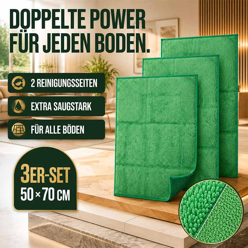 Grüne Mikrofaser-Bodentücher 3er-Set 50×70 cm, saugstark, für alle Böden, doppelseitige Reinigung, ideal für gründliches Wischen und Schmutzentfernung.