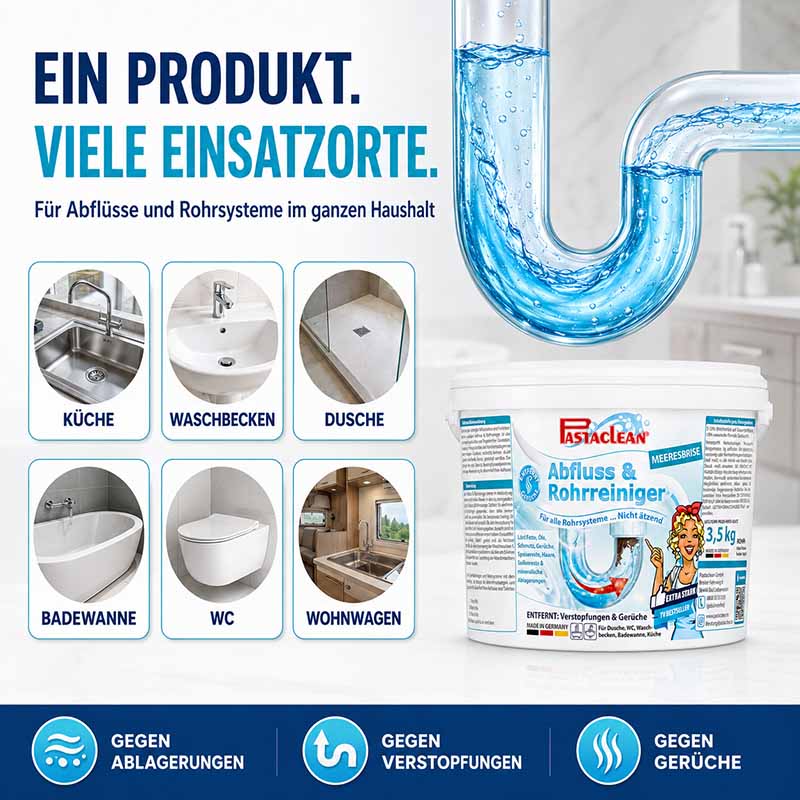 Pastaclean Abfluss- & Rohrreiniger Meeresbrise 3,5Kg für Abflüsse und Rohre, geeignet für Küche, Waschbecken, Dusche, Badewanne, WC und Wohnwagen. Ideal gegen Ablagerungen und Verstopfungen.