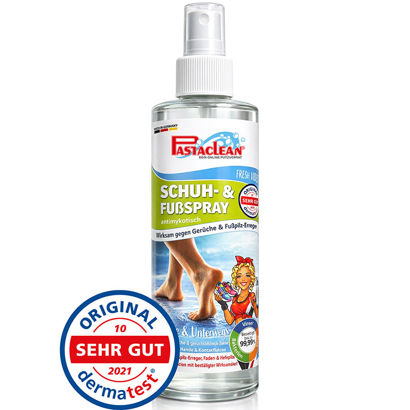 Schuh- und Fußspray 250 ml, Fußdesinfektionsmittel, antimykotisch, wirksam gegen Fußpilz Erreger, Gerüche, Pastaclean, dermatest sehr gut, Fresh Vibes, Made in Germany