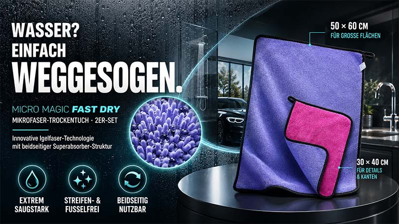 Micro Magic Fast Dry Mikrofaser-Trockentuch-Set für schnelle Trocknung, extrem saugstark, beidseitig nutzbar, geeignet für große Flächen, Details und Kanten mit innovativer Igelfaser-Technologie.