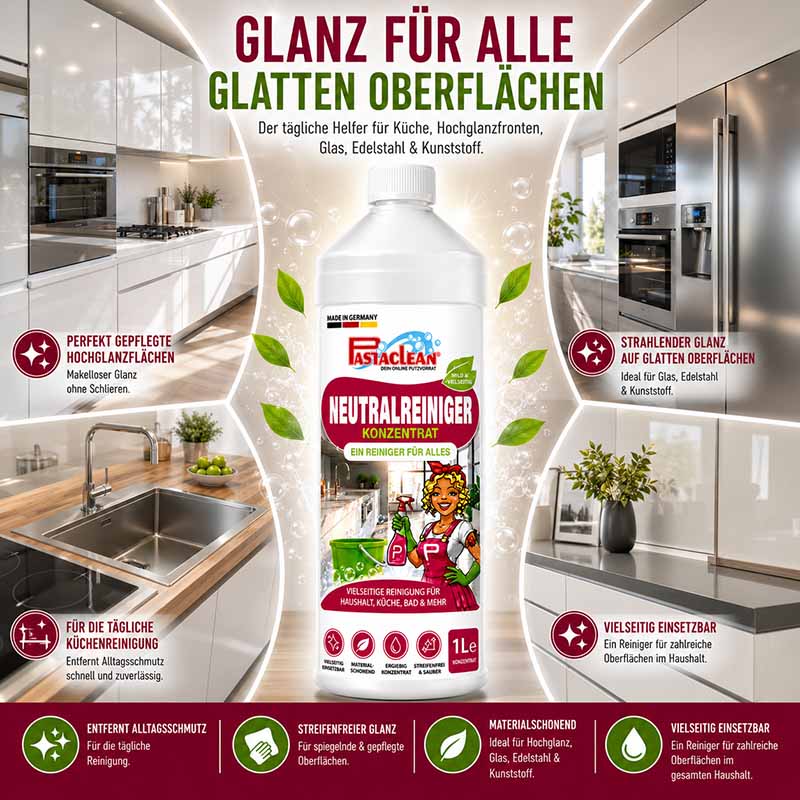 Pastaclean Neutralreiniger Konzentrat 1 L, Allzweckreiniger für Küche, Bad, Böden und Fenster, ideal für Glas, Edelstahl, Kunststoff, entfernt Alltagsschmutz, streifenfreier Glanz, vielseitig einsetzbar im Haushalt.