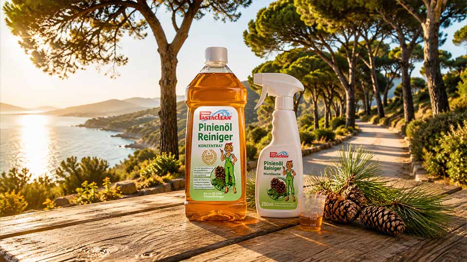 Pastaclean Pinienöl Reiniger Konzentrat an einer mediterranen Küste zwischen Pinienbäumen und Pinienzapfen. Das Bild vermittelt den charakteristischen Duft echter Piniennadeln und das mediterrane Lebensgefühl, das viele Kunden mit der Pinie verbinden.