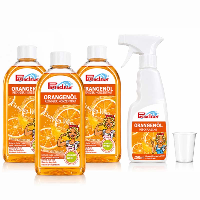 Pastaclean Orangenöl Reiniger Konzentrat, Universalreiniger, 3x 500 ml Flaschen, ideal zur Entfernung von Fett, Flecken und Gerüchen auf verschiedenen Oberflächen, inklusive Mischflasche für einfache Anwendung