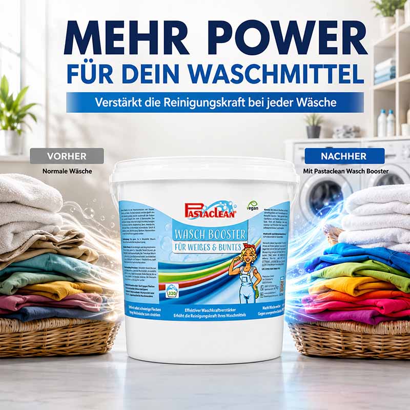 Waschbooster 2 kg, verstärkt Reinigungskraft Waschmittel, geeignet für weißes und buntes, Pastaclean, vegan, vorher/nachher Vergleich, erhöhte Waschkraft, effekter Waschkraftverstärker, reinigt hartnäckige Flecken, Power für deine Wäsche.