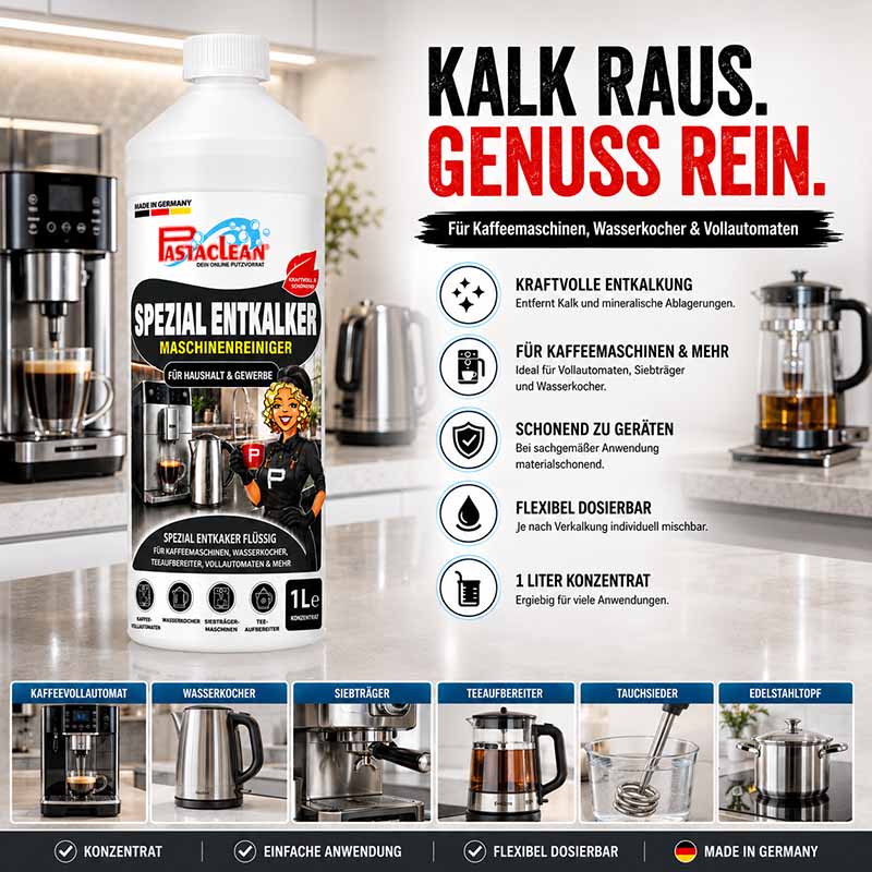 Pastaclean Entkalker Konzentrat für Kaffeemaschine, Vollautomat, Wasserkocher und Siebträger, geräteschonender Maschinenreiniger, 1 Liter, ideal zur Entfernung von Kalk und mineralischen Ablagerungen, flexible Dosierung, für Haushalt und Gewerbe.