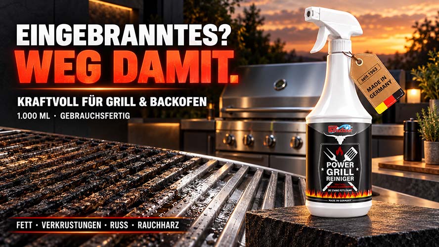 Power Grillreiniger kraftvoll für Grill und Backofen zur Entfernung von Fett, Verkrustungen, Ruß und Rauchharz, gebrauchsfertig, 1000 ml, Made in Germany.