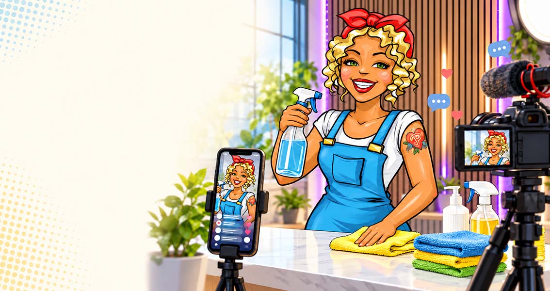 Miss Pastaclean zeigt beim Event eine Produktvorführung; Besucher sehen ihr zu und ein Smartphone überträgt die Szene live.
