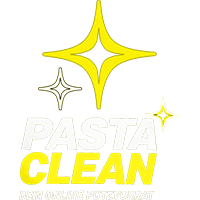 Logo "Pasta Clean" mit Slogan "Dein Online Putzvorrat", gelbes funkelndes Symbol, Reinigungsprodukte, Online-Shop, Putzmittel, Haushaltsreiniger, Sauberkeit.