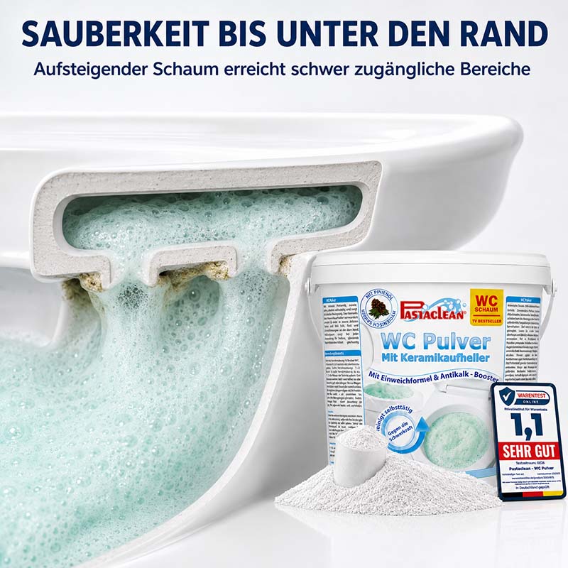 Pastaclean WC Schaumreiniger, kraftvolle Kalk- und Urinsteinentfernung, 1 kg, effizient für schwer zugängliche Bereiche, aufsteigender Schaum erreicht jeden Winkel, geeignet für Toilettenreinigung.