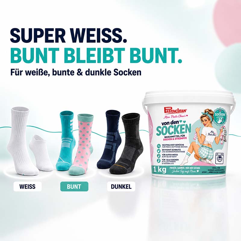 Pastaclean Waschmittel für Socken und Strümpfe, 1 kg, Spezialwaschmittel gegen Schweißgeruch, geeignet für weiße, bunte und dunkle Socken, neutralisiert Gerüche, von den SOCKEN, bei 30°C bis 60°C.