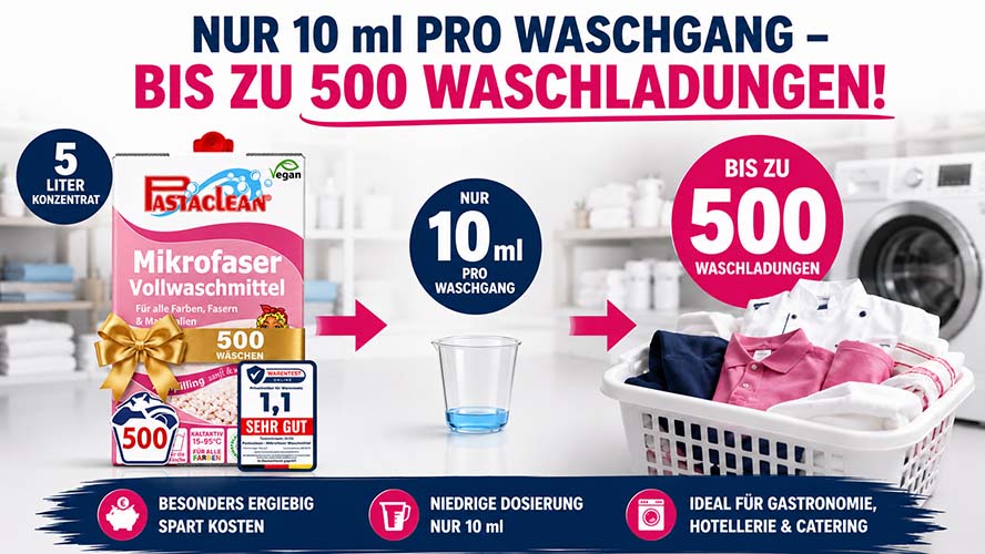Pastaclean Mikrofaser Vollwaschmittel 5L für Farben, Fasern, 500 Wäschen, geeignet für Gastronomie, Hotellerie und Catering, effiziente Reinigung mit geringer Dosierung