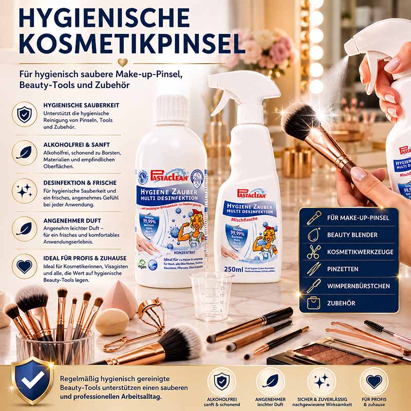 Pastaclean Hygiene Zauber Flächendesinfektion Konzentrat 500 ml für die Desinfektion von Oberflächen, alkoholfrei, sanft zu Borsten und empfindlichen Oberflächen, ideal für Make-up-Pinsel und Beauty-Tools, frischer Duft
