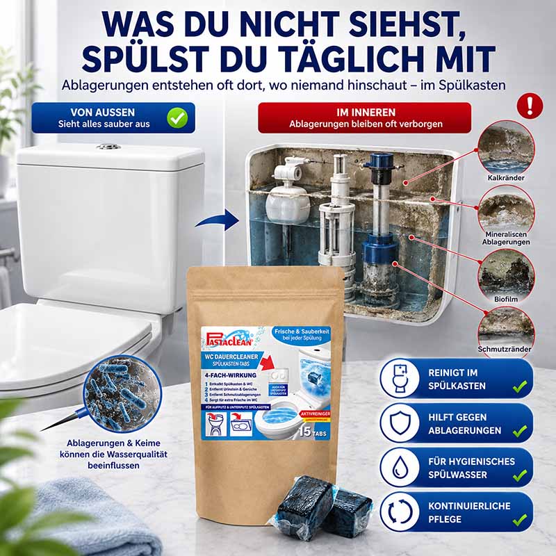 Spülkasten Tabs, 15 Stück, Aktivreiniger, Reinigungswürfel, gegen Ablagerungen, hygienisches Spülwasser, Wasserkastenreinigung, kontinuierliche Pflege, reduziert Kalkränder, Biofilm, mineralische Ablagerungen, effektive Reinigung, WC-Sauberkeit