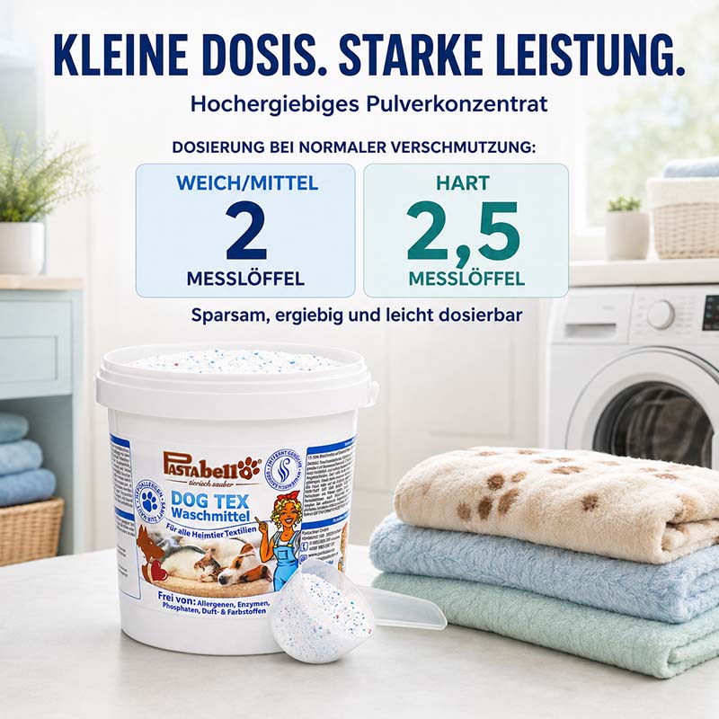 Pastaclean Hundebett Waschmittel 1 kg, Spezialwaschmittel für Hunde und Katzen, hypoallergen, geeignet für alle Heimtiertextilien, schonend und gründlich reinigend.