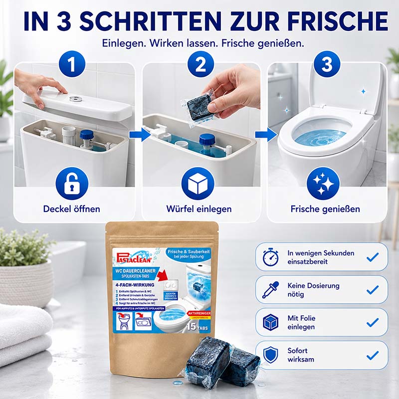 Spülkasten Tabs, Wasserkastenwürfel mit Aktivreiniger, 15 Stück. In 3 Schritten: Deckel öffnen, Würfel einlegen, Frische genießen. Vierfach-Wirkung: reinigt, entkalkt, verhindert Ablagerungen, sorgt für Frische. Sofort wirksam, keine Dosierung nötig.