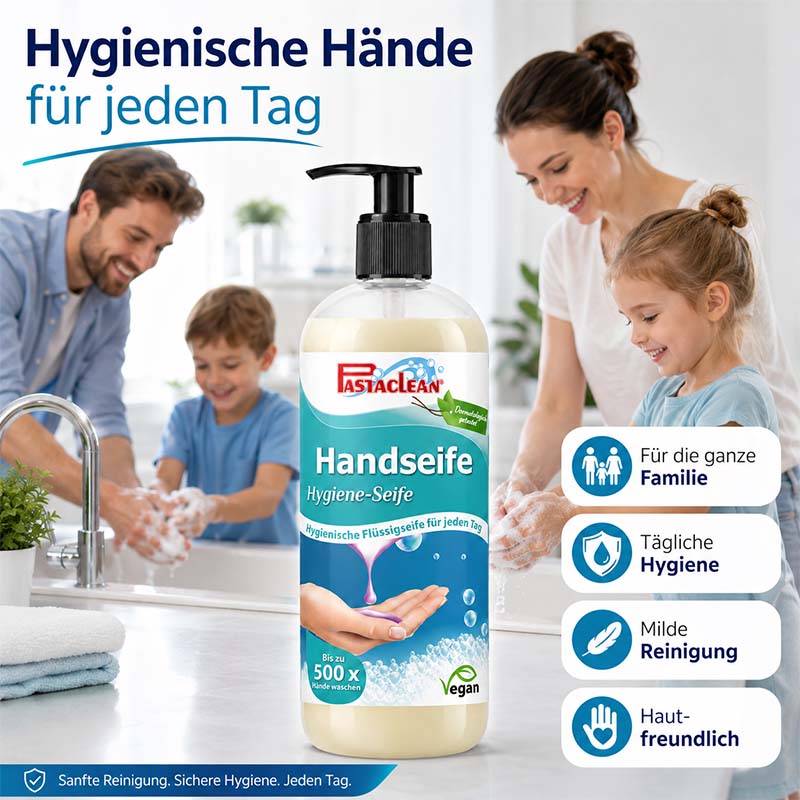 Handseife, Hygiene Seife, für bis zu 500x Hände waschen, 1000 ml, tägliche Hygiene, milde Reinigung, hautfreundlich, für die ganze Familie, vegane Flüssigseife, sanfte Reinigung, sichere Hygiene, Alltagspflege.