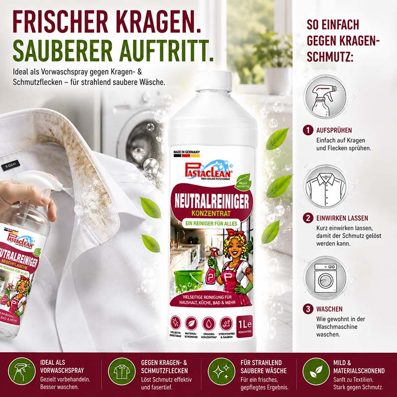 Pastaclean Neutralreiniger Konzentrat 1 L Allzweckreiniger für Küche, Bad, Böden, Fenster vielseitige Reinigung beseitigt Schmutz und Flecken effizient ideal als Vorwaschspray für strahlend saubere Wäsche und Oberflächenreinigung im Haushalt